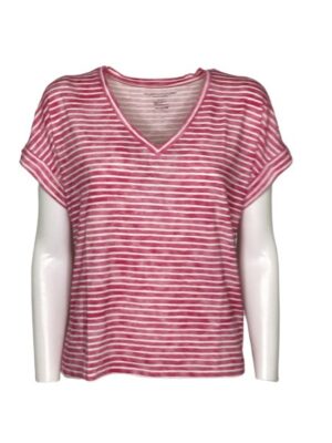 T-shirt scollo v viscosa lino rigata